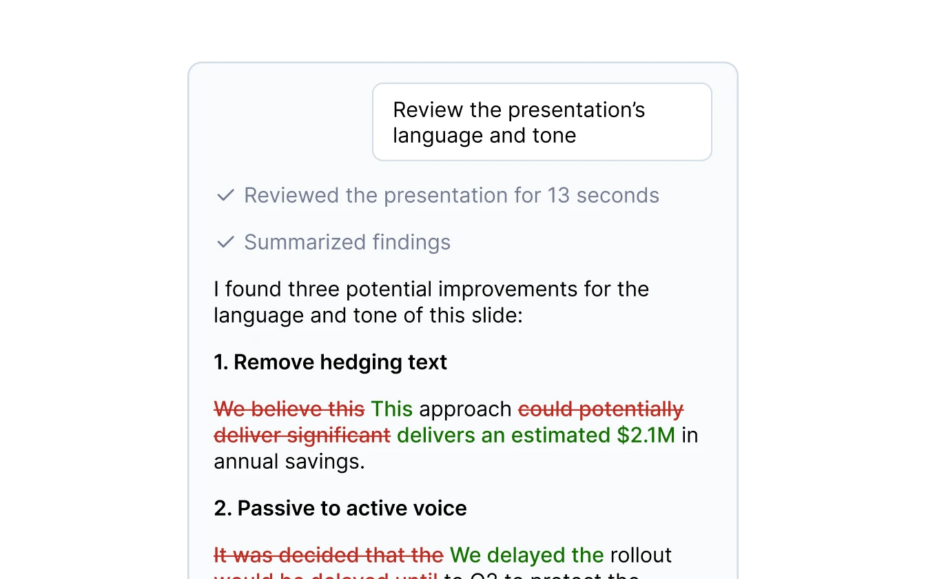 SlideBrain Assistant editing a slide in plain English