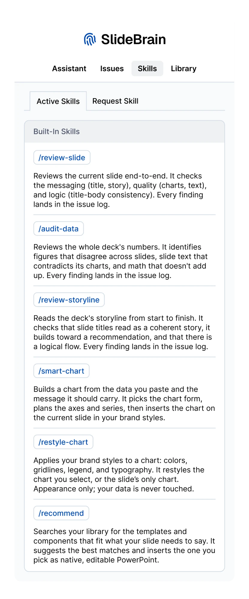 SlideBrain's built-in AI tools: review-slide, audit-data, review-storyline, smart-chart, restyle-chart and recommend