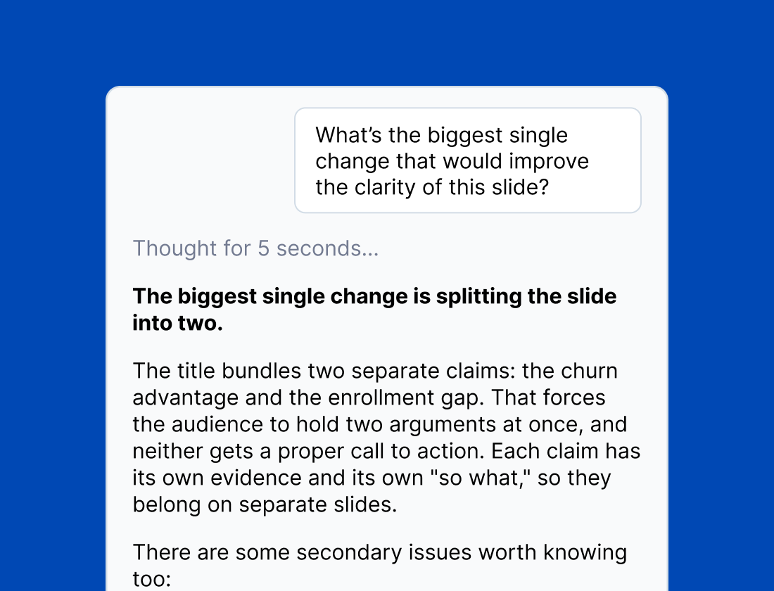 SlideBrain answering “what’s the biggest single change that would improve the clarity of this slide?” by recommending the slide be split in two